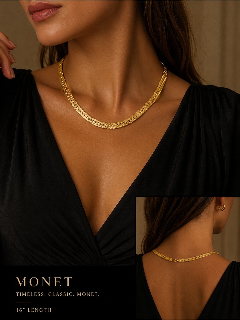 Vintage Monet Gold Tone Herringbone 16” Necklace
